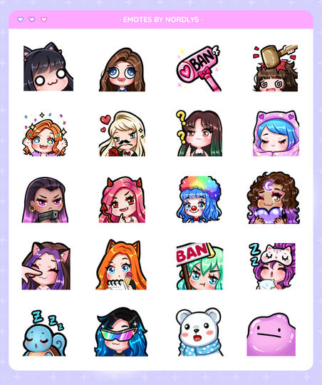 ✦ Emotes | €40 each. ✰ 112x112, 300 dpi emotes. Will include 56x56, and 28x28 size.