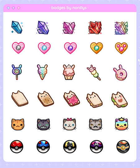 ✦ Badges | €25 per unique badge €5 each recolor. ✰ 72x72, 300 dpi emotes. Will include 36x36, and 18x18 size.